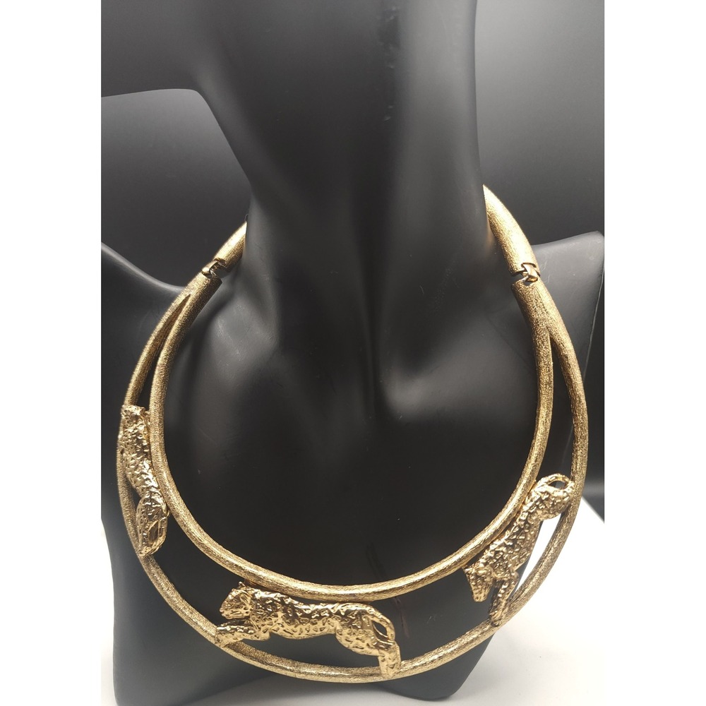 Vintage Gold Tone Big Cat Double Hoop Statement Collar Necklace